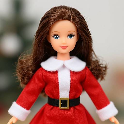 Photograph of a Barbie doll with long brown hair, blue eyes, wearing a red Santa dress with white fur trim, black belt, and gold buckle