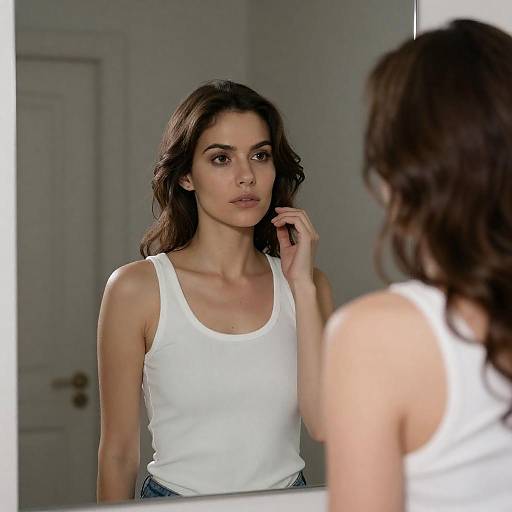 Serious Woman Looking in Mirror