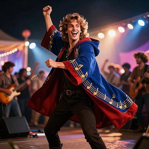 Photograph of a curly-haired male rock musician in a blue and red stage robe, passionately singing and raising his fist on a brightly lit stage with a