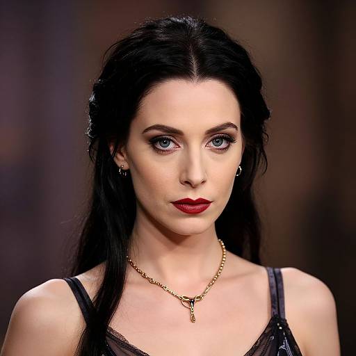 Photograph of a pale-skinned woman with black hair, blue eyes, red lipstick, wearing a black top and gold necklace, against a blurred dark