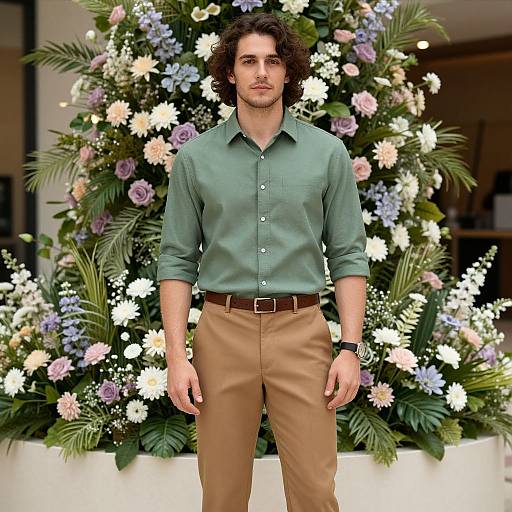 Photograph of a curly-haired man in a green shirt and beige pants, standing in front of a large, colorful floral arrangement with white, purple,