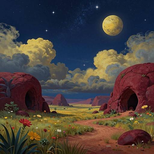 Digital painting of a moonlit desert landscape with red rock formations, blooming flowers, and a starry sky, featuring a full moon and fluffy clouds