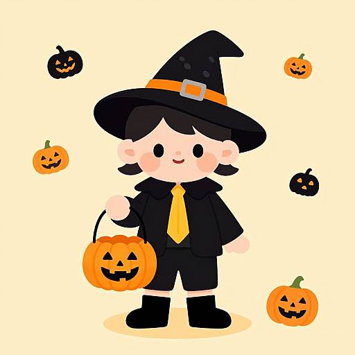 Cute digital cartoon of a child in a black witch hat, coat, and shorts, holding a pumpkin-shaped basket, surrounded by floating jack-o'-
