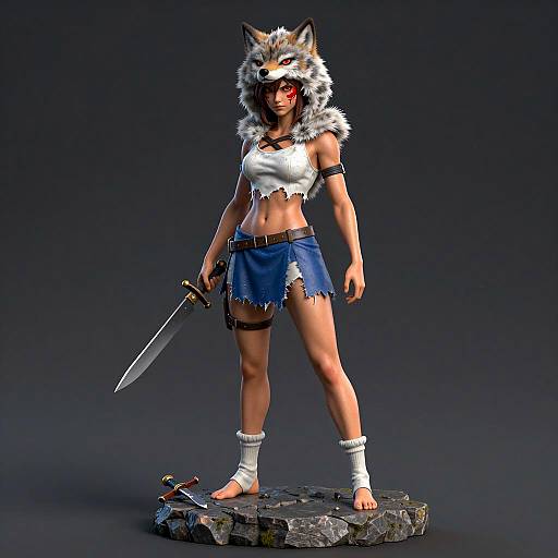 Fierce Warrior with Wolf Hood Sculpture