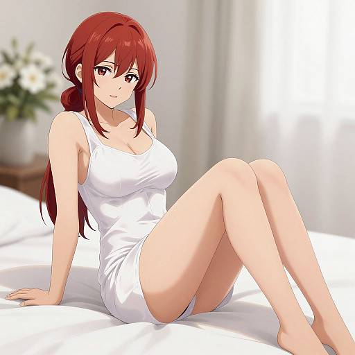 Anime-style digital illustration of a red-haired woman in a white, tight-fitting tank top and shorts, sitting on a bed, legs extended, smiling