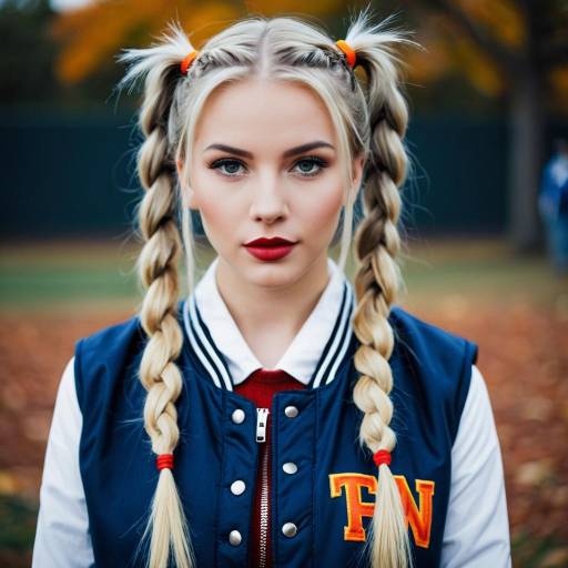 Blonde Woman with Twin Braids in Letterman Jacket