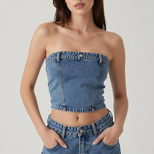 Woman in Denim Strapless Tube Top and Jeans
