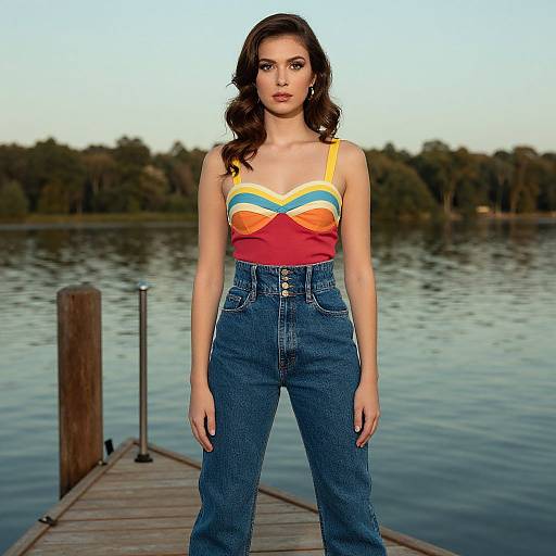 Photograph of a young woman with wavy brown hair, wearing a colorful strapless top and high-waisted blue jeans, standing on a wooden
