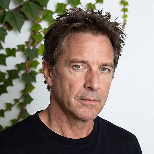 Photograph of a middle-aged man with spiky brown hair, light skin, blue eyes, wearing a black shirt, against a white background with green