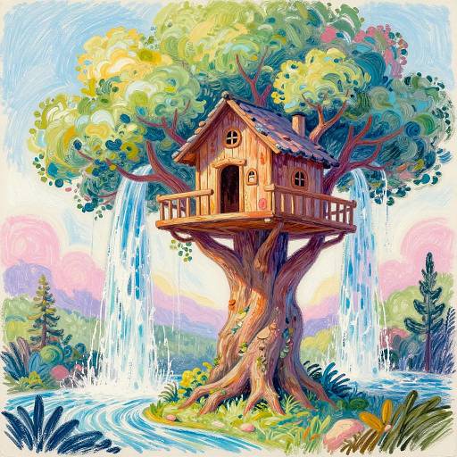 Whimsical Treehouse with Waterfalls