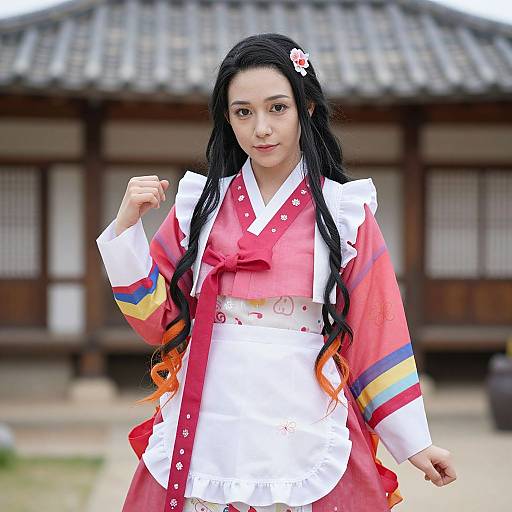 Photograph of an East Asian woman with long black hair, wearing a traditional Korean hanbok with red, white, and multicolored stripes,