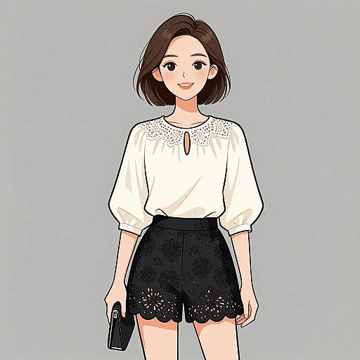 Digital illustration of a smiling young woman with short brown hair, wearing a white blouse and black lace shorts, holding a black phone. Light blue background.