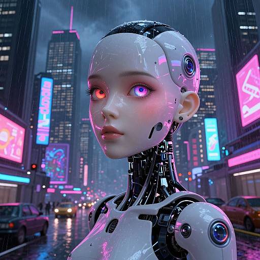 CGI image of a futuristic, cybernetic woman with glowing red and blue eyes, standing in a neon-lit, rainy city street.