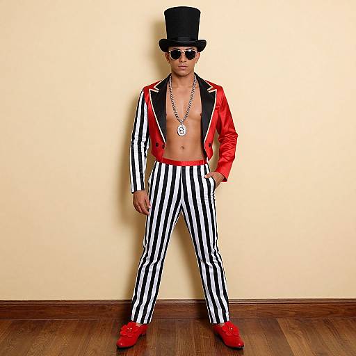 Photograph of a man in a red jacket, black-and-white striped pants, red shoes, black top hat, sunglasses, and a chain necklace,