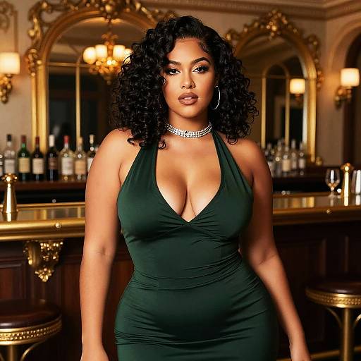 Photograph of a curvy, dark-skinned woman with curly black hair, wearing a deep green halter dress and diamond necklace, standing confidently in