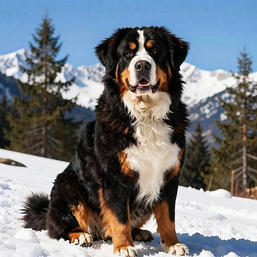 Photograph of a fluffy, black, white, and brown Bernese Mountain Dog sitting in snowy landscape with pine trees and snow-capped mountains in the