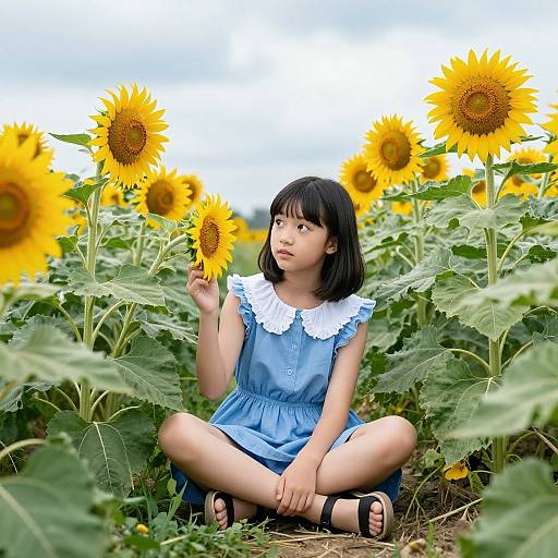 Photograph of an Asian girl with black hair, wearing a blue dress with white collar, sitting in a sunflower field, holding a sunflower,