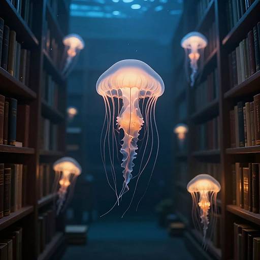 Photograph of a dimly lit library aisle with glowing jellyfish lanterns floating between tall bookshelves, creating an ethereal, underwater-like atmosphere