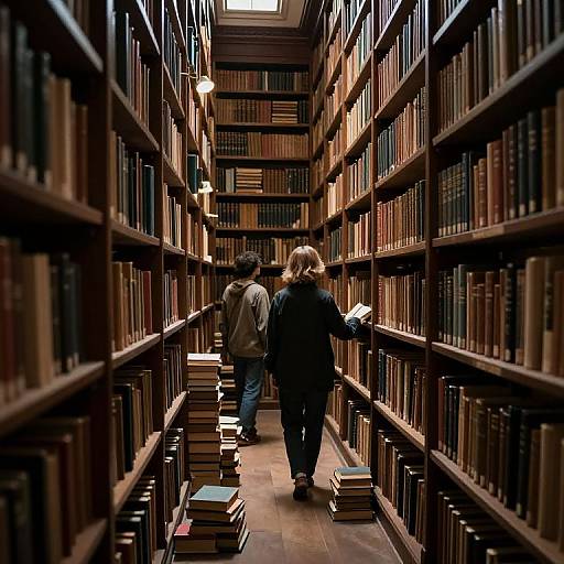 Photograph of two people, one with dark hair, one blonde, browsing a dimly lit, narrow library aisle filled with tall wooden bookshelves