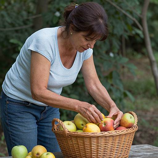 Photograph of an older woman with dark hair, wearing a white shirt and blue jeans, picking apples from a wicker basket outdoors. Forest background.