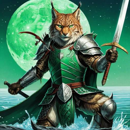 Lynx Warrior with Weapons and Moon