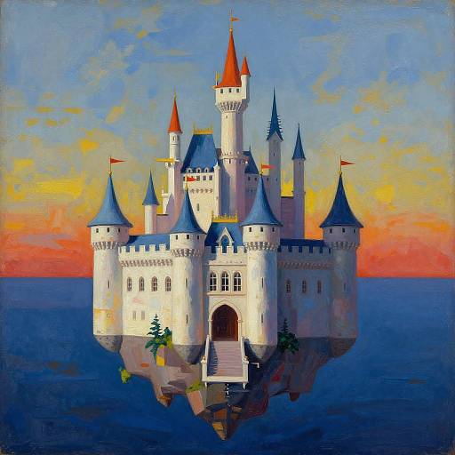 Surreal Floating Castle in Mondrian Style