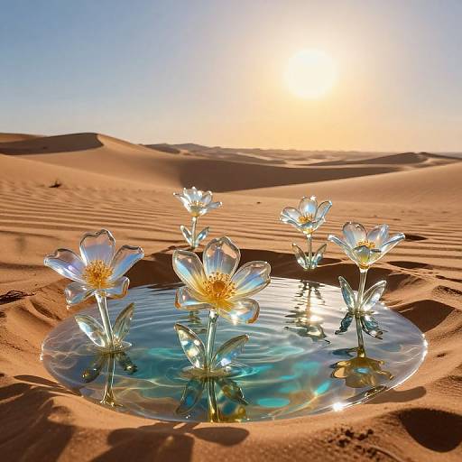 Photograph of ethereal glass flowers with yellow centers, floating in a shallow, reflective pool on a sunlit desert sand dune.