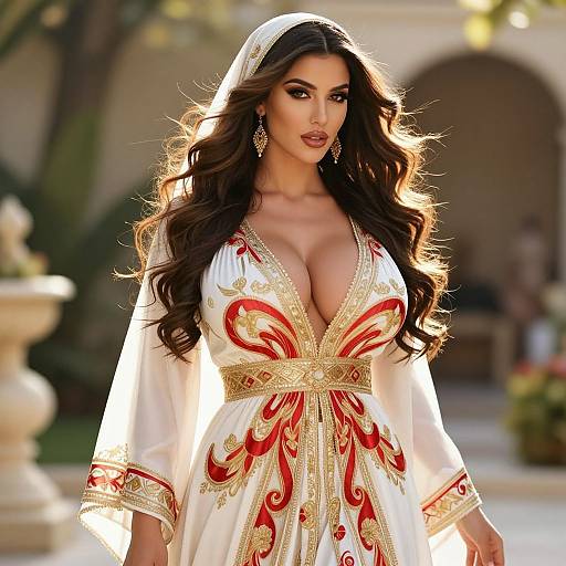 Photorealistic image of a voluptuous woman with long, wavy brown hair, wearing an ornate white and red embroidered dress with a deep neckline