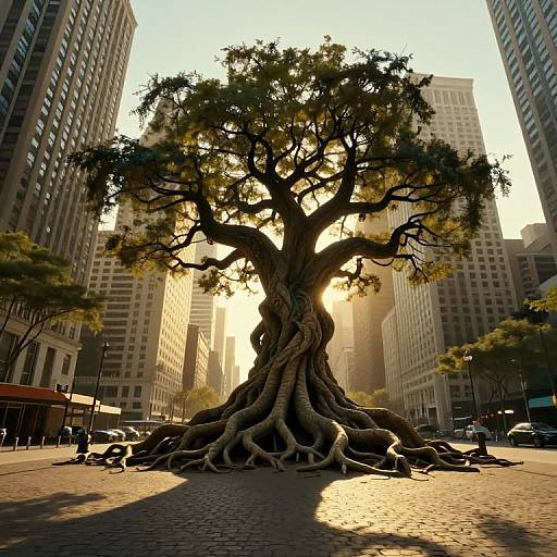 Photograph of a massive, twisted tree with extensive roots standing in a sunlit urban canyon, flanked by tall skyscrapers.