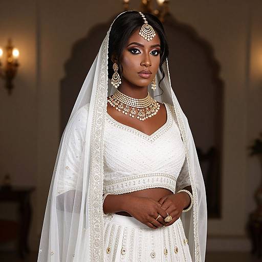 Elegant Dark-Skinned Bride in White Lehenga