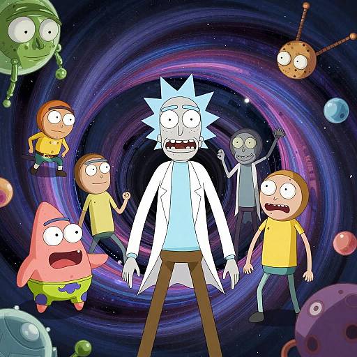 Digital cartoon: Blue-spiked scientist in white lab coat, surrounded by shocked children and alien creatures in colorful space with swirling purple-black background.