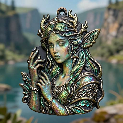 Digital artwork of an iridescent, mythical elf woman with flowing hair, ornate armor, and pointed ears, set against a blurred mountain lake background