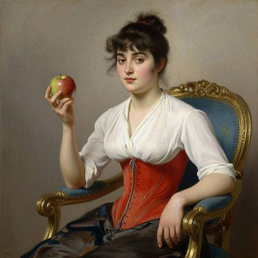 Classical painting of a fair-skinned woman with dark hair in a bun, holding a red apple, wearing a white blouse and red corset,