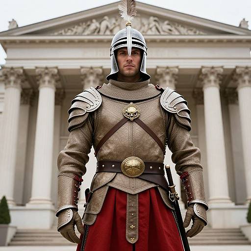 Photograph of a muscular, bearded man in medieval-style bronze armor and red skirt, standing in front of a neoclassical building with white