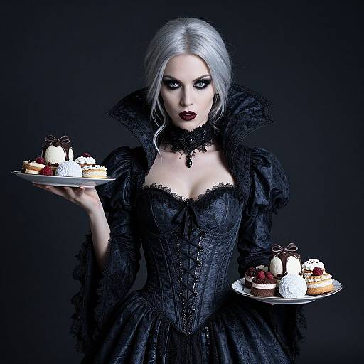 Gothic-style digital artwork of a pale-skinned woman with silver hair, wearing a black lace corset and collar, holding three plates of desserts