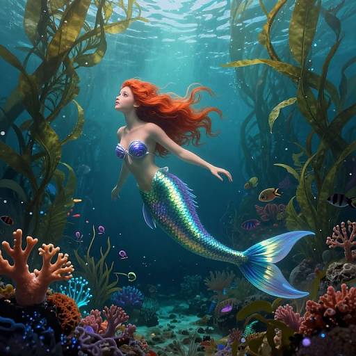 Digital artwork of a red-haired mermaid with a shimmering blue and green tail, floating amidst colorful coral and seaweed in a sunlit underwater ocean