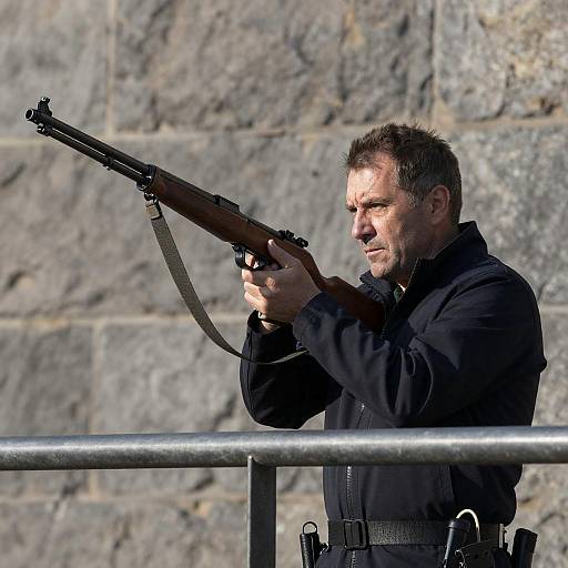 Intense Middle-Aged Man with Rifle