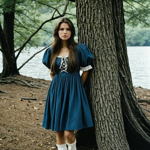 Woman in Vintage Dress Standing by Tree Outdoors