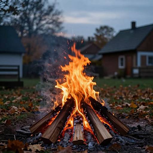 Photograph of a vibrant, orange campfire with bright flames and sparks, surrounded by fallen autumn leaves, in a suburban backyard.