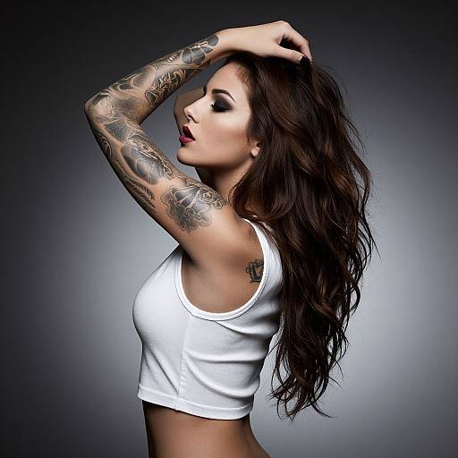 Photograph of a tattooed woman with long, wavy brown hair, wearing a white crop top, posing with arms raised against a gradient gray background