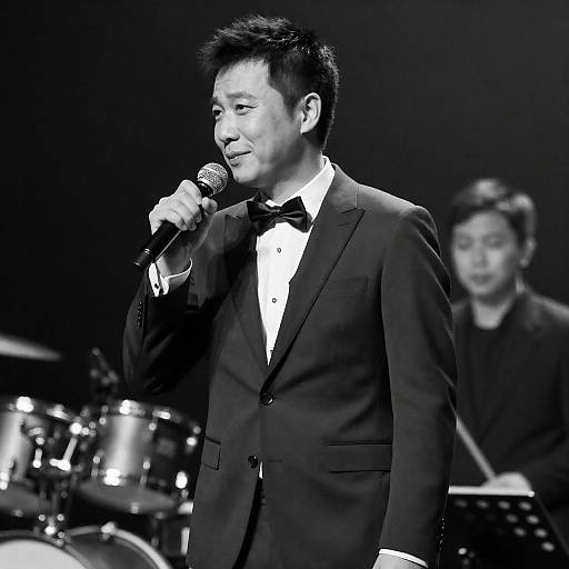 Male Singer Performing on Stage in Formal Suit