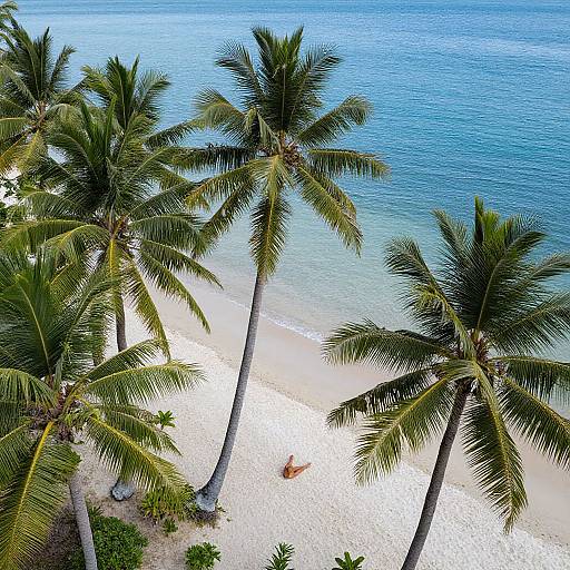Aerial photograph of a tropical beach with three tall palm trees, white sand, and clear blue ocean, showcasing vibrant green fronds and a single sun