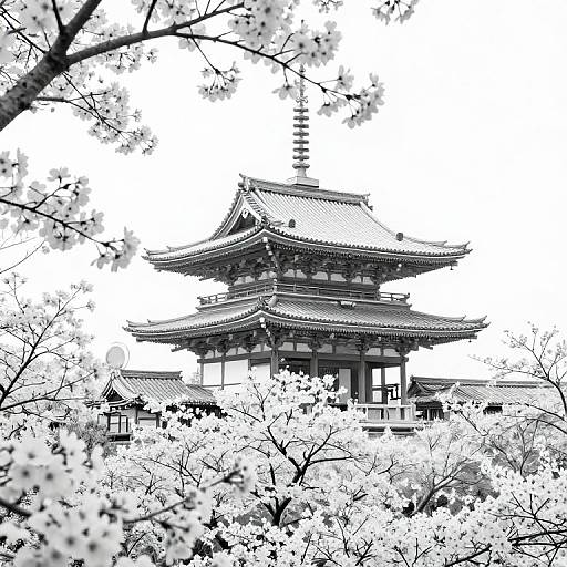 Monochrome digital drawing of a traditional Japanese pagoda surrounded by blooming cherry blossoms, framed by tree branches in the foreground.