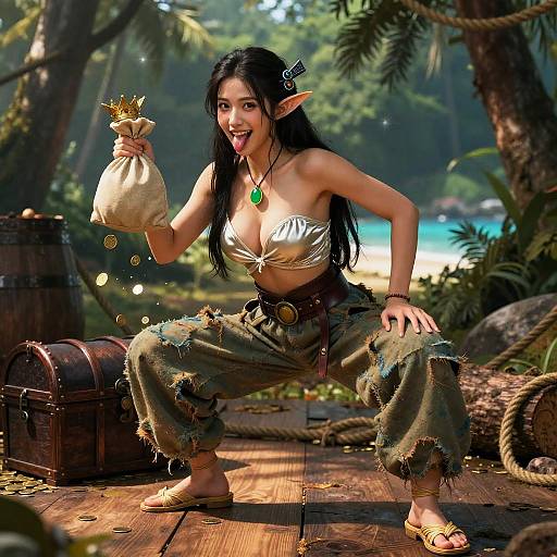 Playful Forest Nymph with Treasure Chest