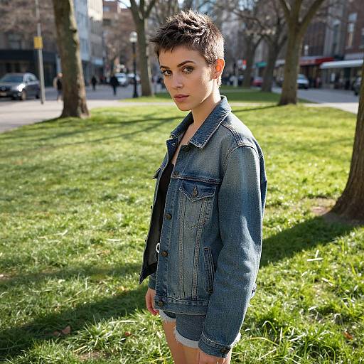 Photograph of a short-haired, pale-skinned woman in a blue denim jacket and short denim shorts, standing in a sunlit park.
