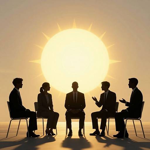 Silhouetted businesspeople in suits sitting in a circle, facing each other, with a bright, glowing sun behind them. Photographic image.