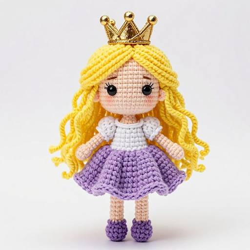 Crochet doll with long blonde hair, purple dress, white top, gold crown, and purple shoes, standing against a plain white background.