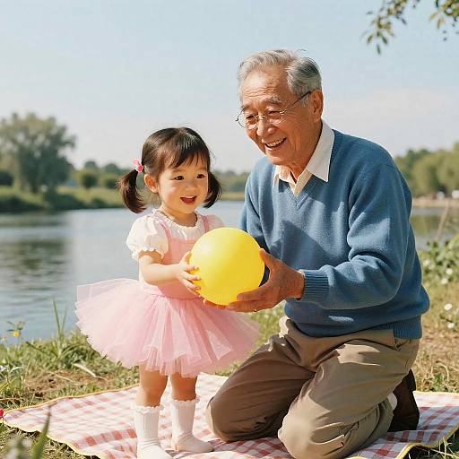 Photograph of an elderly man with gray hair and glasses, wearing a blue sweater, kneeling beside a young girl in a pink dress, playing with a