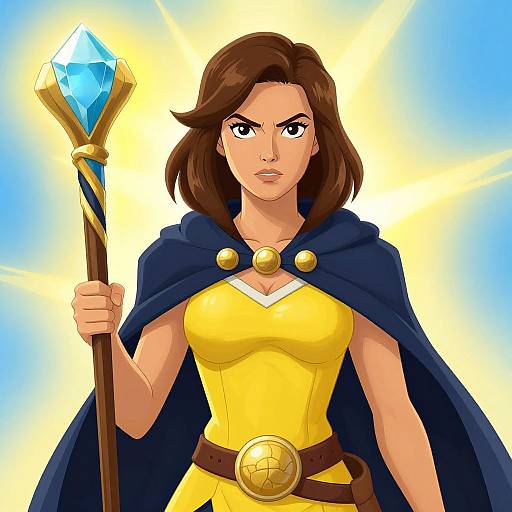 Digital illustration of a determined woman with brown hair, wearing a yellow dress, blue cape, and holding a crystal-tipped staff, against a bright yellow
