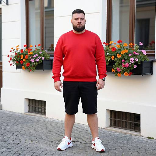 Photograph of a bearded man in a red sweater, black shorts, and white sneakers, standing in front of a building with colorful flower boxes.